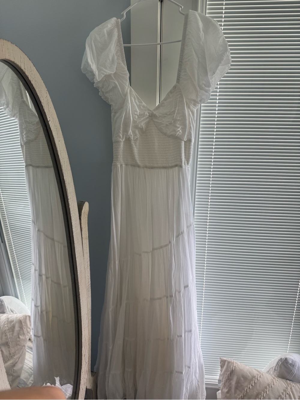 Free People White Tiered Maxi Dress with Puff Sleeves